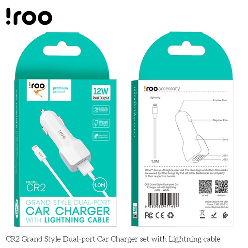 iRoo CR2 | 2.4A 12W Car Charger /w Lightning Cable