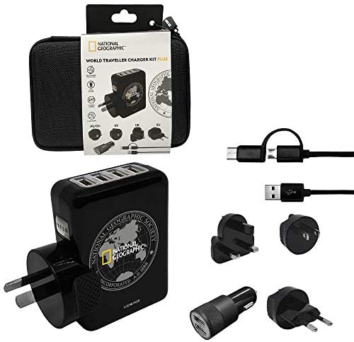 National Geographic World Travel Charger Kit Bag | 4 Ports 4.1A AC Charger &amp; Dual Ports Car Charger