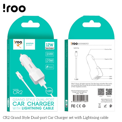 [BC-30627] iRoo CR2 | 2.4A 12W Car Charger /w Lightning Cable