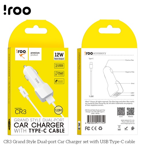 [CR3] iRoo CR3 | 2.4A 12W Car Charger /w Type-C Cable