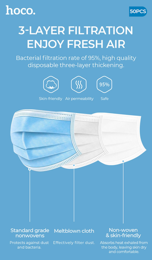 [BC-31662] Hoco 50pcs x 3 Layers Face Mask + Free 250ml iRoo Hand Sanitiser