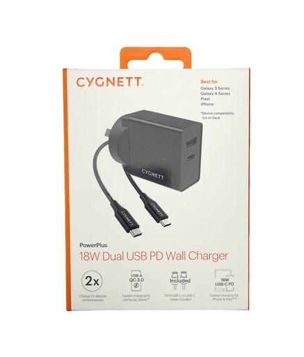 [CY3085POPLU] CYGNETT AU PROVED | 18W PD QC 3.0 2in1 (1xUSB-A,1xUSB-C) Ports AC Wall Charger /w Type-C Cable