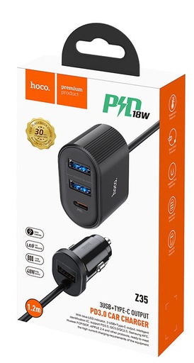 [Z35] Hoco Z35 | 48W PD 4 Ports (3xType-A, 1xType-C) Rear Seat Car Charger - 1m