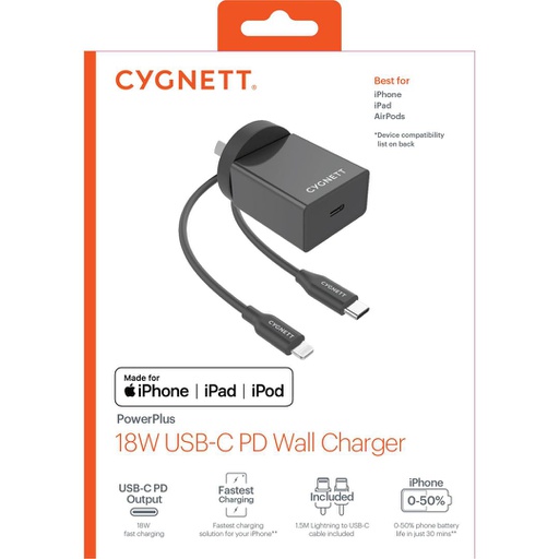 [CY3079POPLU] CYGNETT PD Wall Charger USB-C to Lightning | Mfi Approved 18W PD