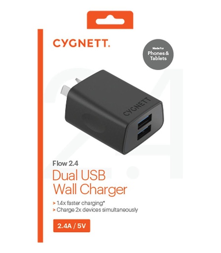 [CY1947POFLW] CYGNETT Flow 2.4A | Dual USB Sockets Wall Charger - Black