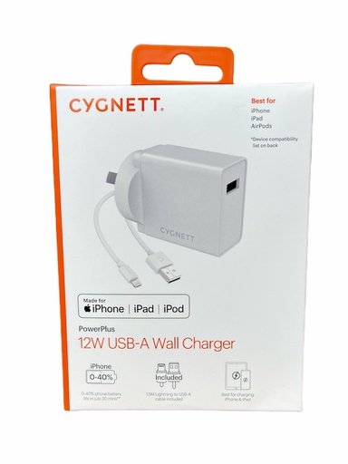 [CY3084POPLU] CYGNETT POWERPLUS 12W AC LIGNTNING TO USB-A WHITE