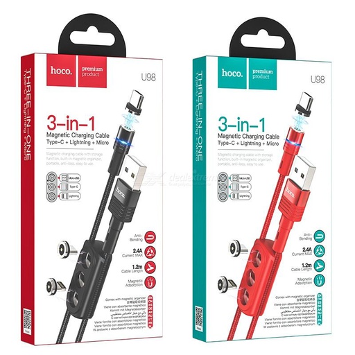 [U98] Hoco U98 | 3in1 Magnetic Charging Cable Type-C + Lightning + Micro - Black