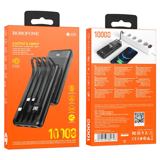 [BJ20] Borofone BJ20 inbuilt lightning, type-c, micro cables and usb sockets | 10,000mAh Power Bank - Black